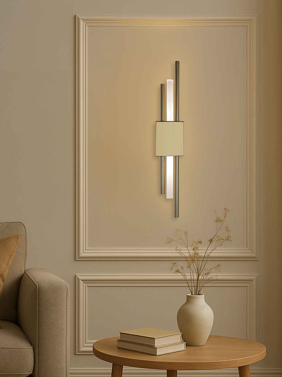 Modern battery operated wall sconces with sleek vertical design, mounted on a beige accent wall in a cozy living room with neutral décor.